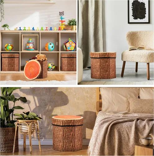 Miniatura 7 de Amylove Paquete de 3 taburetes de almacenamiento de tocones de árbol, taburete otomano de 12 x 12 pulgadas, bonita caja de juguetes plegable