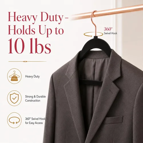 Miniatura 6 de Smartor Paquete de 50 perchas de terciopelo antideslizantes con gancho de oro rosa, perchas de terciopelo resistente para ropa de adultos, abrigos