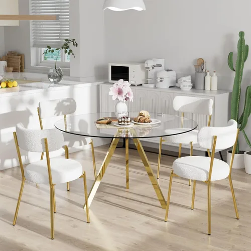 Miniatura 17 de Juego de mesa de comedor circular de vidrio de 39 pulgadas para 4, mesa de comedor redonda pequeña y 4 sillas tapizadas, moderno juego de mesa