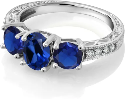 Miniatura 39 de Gem Stone King Anillo de compromiso de 3 piedras preciosas de oro blanco de 10 quilates con piedra natal y diamantes cultivados en laboratorio