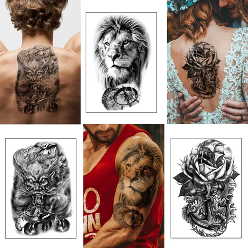 Miniatura 6 de Yazhiji 36 hojas de calcomanías temporales de tatuajes, 12 hojas de tatuajes falsos para hombres o mujeres, con 24 hojas, color negro pequeño Lobo