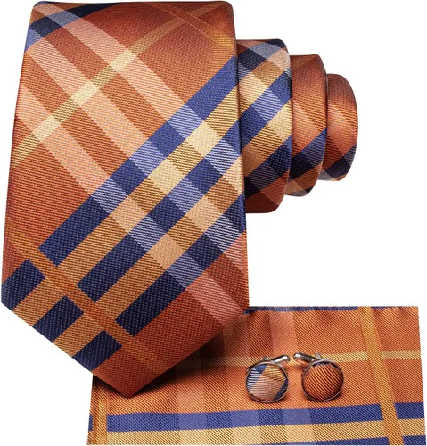 Miniatura 198 de Hi-Tie Corbata clásica de cachemira para hombre con pañuelo y gemelos a cuadros