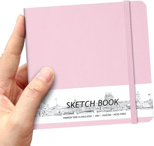 Miniatura 25 de Cuaderno de bocetos de bolsillo cuadrado de tapa dura de cuero PU de 5" x 5", 58 hojas de papel beige Dowling de 150 GSM, libro de bocetos de arte