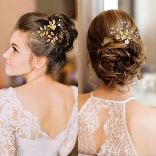 Miniatura 4 de inSowni Paquete de 12 horquillas doradas decorativas para bodas, fiestas de graduación, con hojas de flores, perlas, adornos para tocados de novia