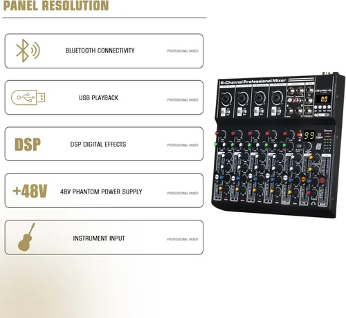 Miniatura 2 de Mezclador de audio profesional de metal de 6 canales con BT, interfaz de audio, consola de mezcla de tablero de sonido, efecto de reverberación DSP