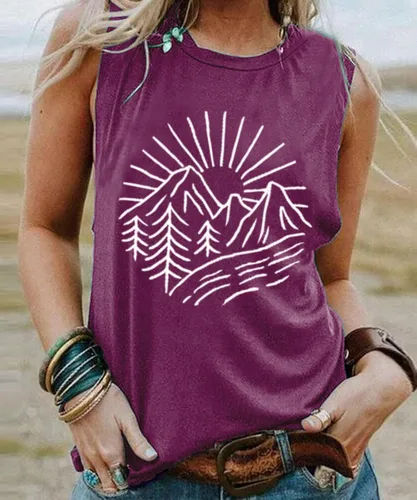 Miniatura 25 de Camisetas sin mangas de senderismo y montaña para mujer, divertidas camisetas de entrenamiento con gráficos de pino y amanecer, camisetas de verano