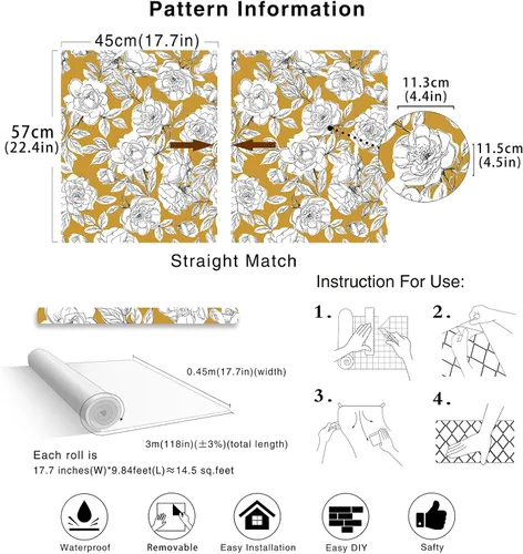 Miniatura 6 de HAOKHOME Papel Tapiz Floral de Despegar y Pegar Boho Extraíble de Vinilo Amarillo/Negro/Blanco para Pared Adhesiva Decorativa para Hogar y Baño