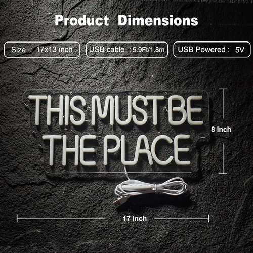 Miniatura 4 de Letrero de neón con texto en inglés «This Must Be The Place» para decoración de pared, luz LED de neón regulable, alimentada por USB (blanco cálido)