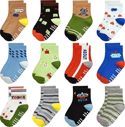 Miniatura 9 de Calcetines antideslizantes para niños pequeños con agarre, 12 pares de calcetines antideslizantes de dibujos animados para niños y niñas