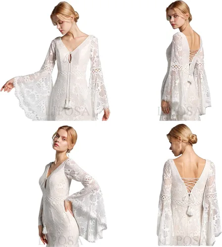 Miniatura 5 de LIPOSA Vestidos de novia de encaje bohemio para novias, mangas largas acampanadas, cuello en V, vestidos de novia de sirena con tren de barrido