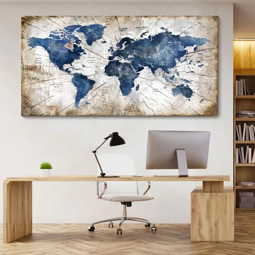 Miniatura 12 de Lienzo de mapa del mundo para pared, arte abstracto de mapas del mundo azul marino para pared, arte de pared moderno vintage para oficina, cuadros