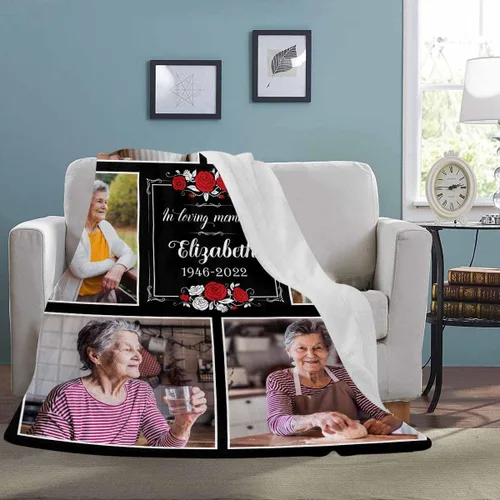 Miniatura 3 de LOSARON Mantas conmemorativas personalizadas con fotos por pérdida de madre, papá, abuela en el cielo en memoria amorosa de flores rojas, 6 fotos