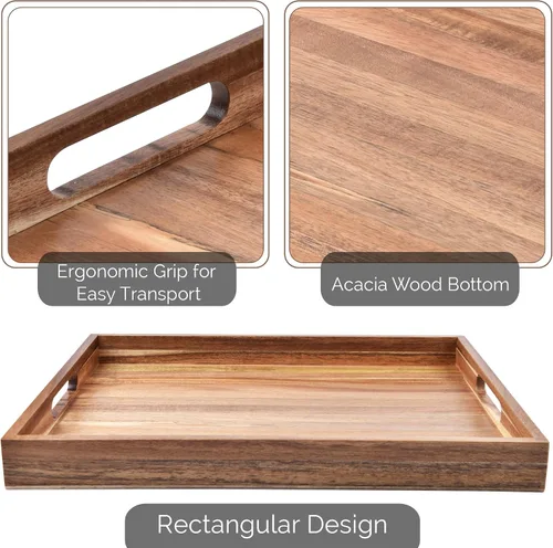 Miniatura 7 de Bandeja de servir de madera de acacia con asas (17 pulgadas) – Bandejas decorativas para servir desayuno en la cama, almuerzo, cena, aperitivos