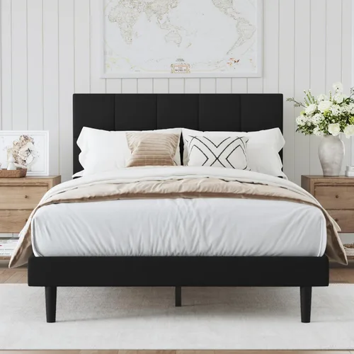 Base de cama de plataforma de terciopelo de tamaño matrimonial con cabecera tapizada y soporte de listones resistentes, diseño con botones, no