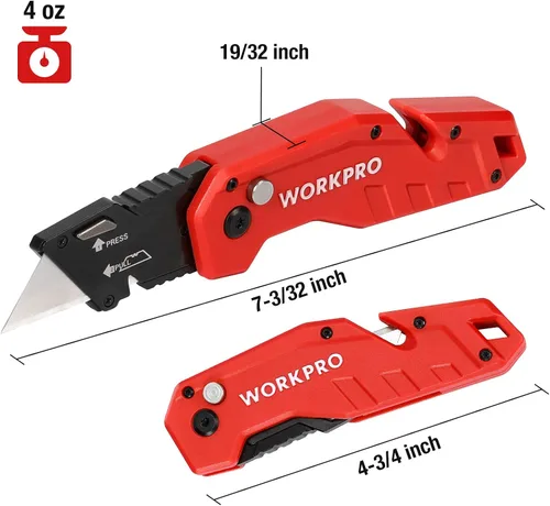 Miniatura 4 de WORKPRO Cuchillo utilitario plegable, hoja de cambio rápido, mango de nailon ligero, cortador de utilidad con 10 cuchillas adicionales Rojo