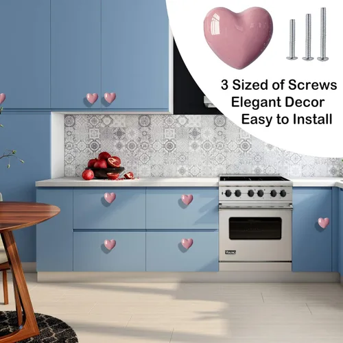 Miniatura 2 de Pomos de cerámica para cajones en forma de corazón, tiradores de armario con tornillos de 3 tamaños, pomos para muebles de cocina para armario, Rosa