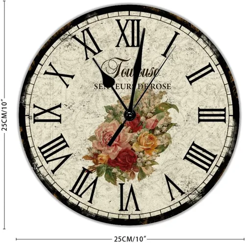 Miniatura 2 de Toulouse Senteurs De Rose - Reloj de pared de PVC, diseño floral francés, redondo, funciona con pilas, cuarzo silencioso, 10 pulgadas, rústico