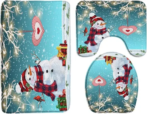 GCTNBJL Juego de 3 alfombrillas de baño de Feliz Navidad, muñeco de nieve, copo de nieve, ramas, árbol, corazón, invierno, vacaciones, rústico,