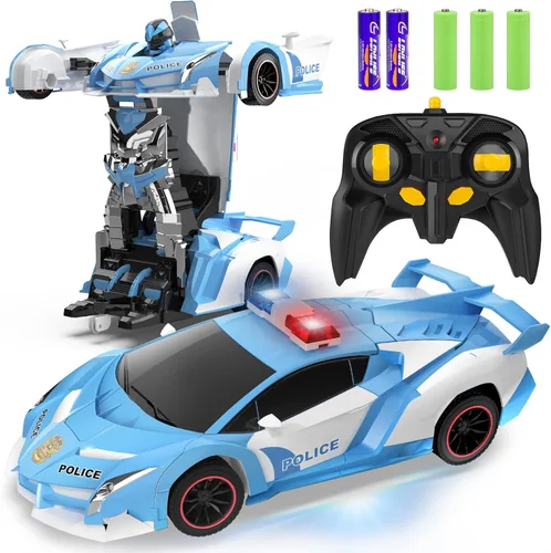 Miniatura 14 de FDJ - Auto a control remoto que se transforma en robot, transformación con un botón a robot con luz intermitente, juguete de policía para niños
