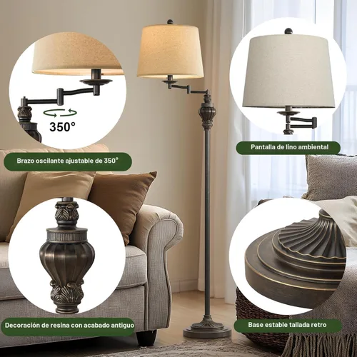 Miniatura 5 de G-SAFAVA Lámpara de pie vintage de 61 pulgadas con brazo oscilante ajustable de 350°, lámpara de pie para dormitorio, sala de estar, mesita
