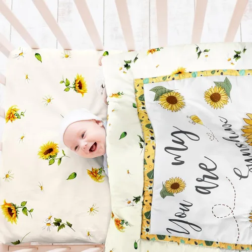 Miniatura 7 de Mixweer Juego de ropa de cama para cuna de bebé, 3 piezas, diseño de abeja de girasol, sábanas amarillas para cuna con texto en inglés "You Are My