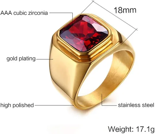 Miniatura 2 de PMTIER - Anillo de acero inoxidable chapado en oro con piedra cuadrada disponible en varios