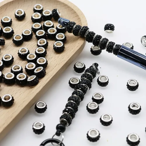 Miniatura 6 de Decoendiy 100 cuentas europeas de diamantes de imitación, cuentas espaciadoras de diamantes de imitación de agujero grande, cuentas planas redondas