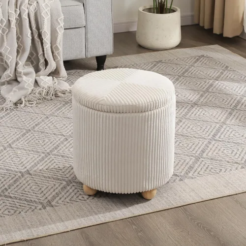 Adeco Otomana redonda de almacenamiento, taburete tapizado para maquillaje, taburete de terciopelo para dormitorio, dormitorio