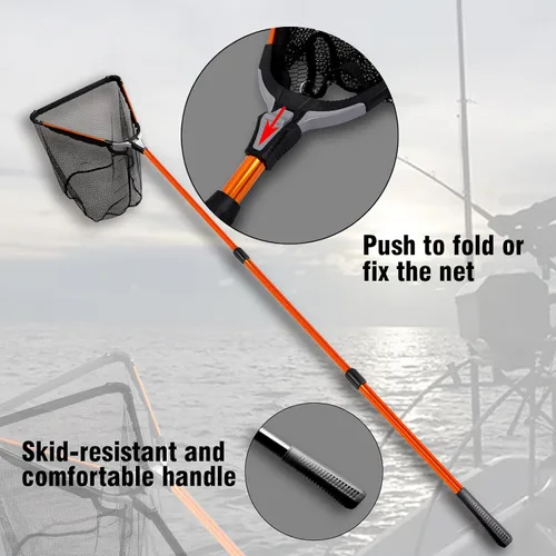 Miniatura 3 de Red para pescar, Fiblink, plegable de aluminio, con mango telescópico extensible