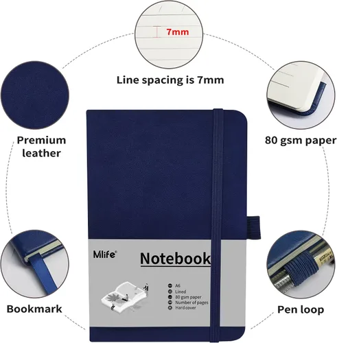 Miniatura 3 de Cuaderno pequeño A6, cuaderno de bolsillo forrado con soporte para bolígrafo, mini cuaderno de tapa dura, 192 páginas, 3.9 x 5.5 pulgadas Jurnal Azul