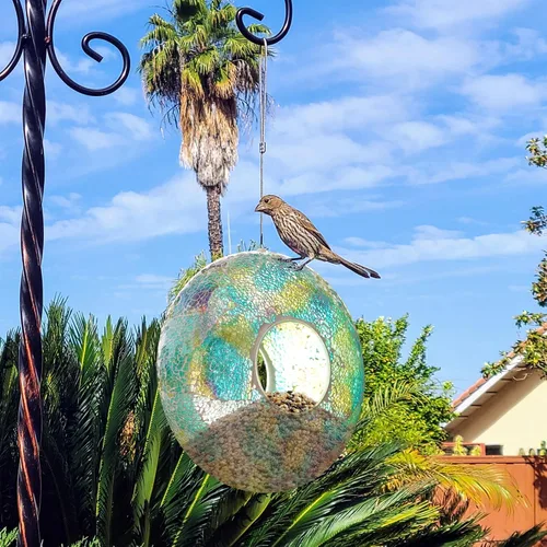 Miniatura 7 de DUSVALLY Comedero colgante para pájaros, comedero redondo para pájaros silvestres, diseño de mosaico de vidrio degradado azul y morado, 9 pulgadas