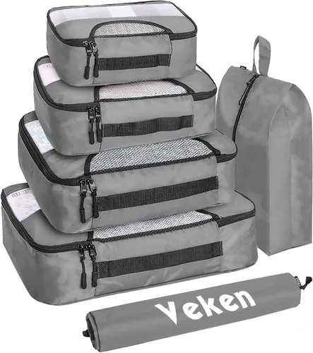 Veken - Juego de 6 estuches organizadores equipaje de viaje incluye bolsa para ropa sucia y bolsa para zapatos gris VK456