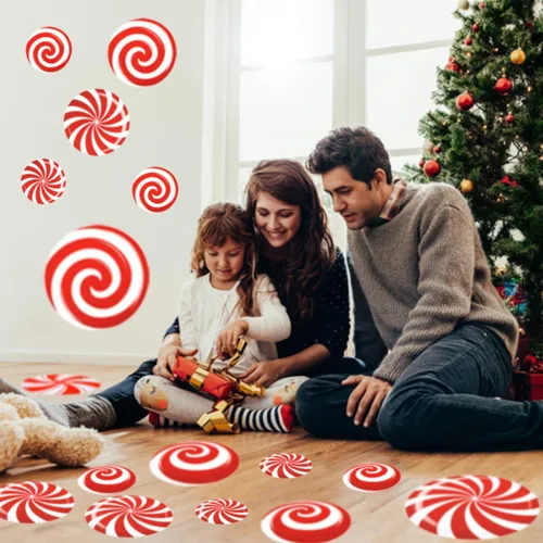 Miniatura 6 de 24 PCS Calcomanías de Suelo de Menta - 3 Tamaños Autoadhesivas Diseño de Dulces de Navidad, Calcomanías de Suelo y Ventana para Decoraciones de Rojo