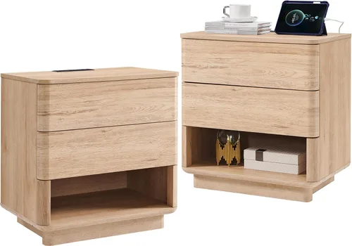 Miniatura 8 de ACCOHOHO Mesita de noche con estación de carga, mesa auxiliar de 22" con apertura por presión y 2 cajones de almacenamiento, mesita grande moderna
