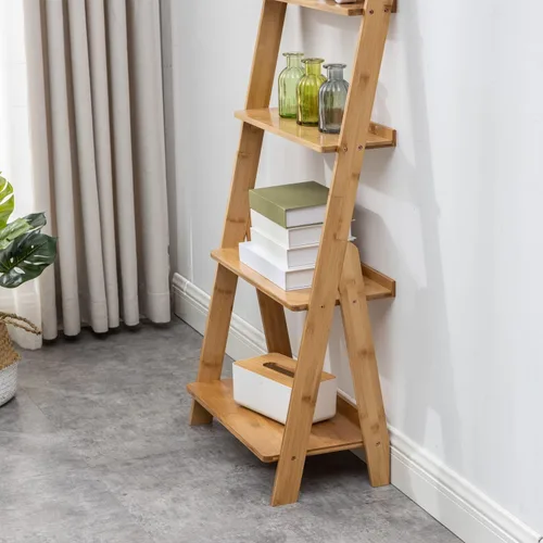 Miniatura 7 de Maydear - Estantería de escalera de bambú, estantería inclinada de 4 niveles, organizador de almacenamiento independiente para sala de estar, Nogal
