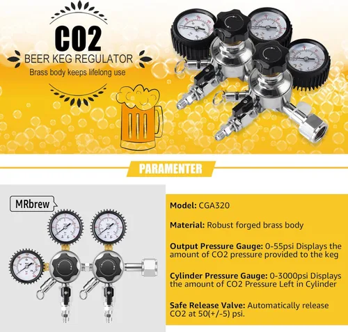 Miniatura 4 de MRbrew Regulador de CO2 de barril de doble salida, regulador de barril CGA-320, regulador de cerveza de barril, montaje de extremo roscado