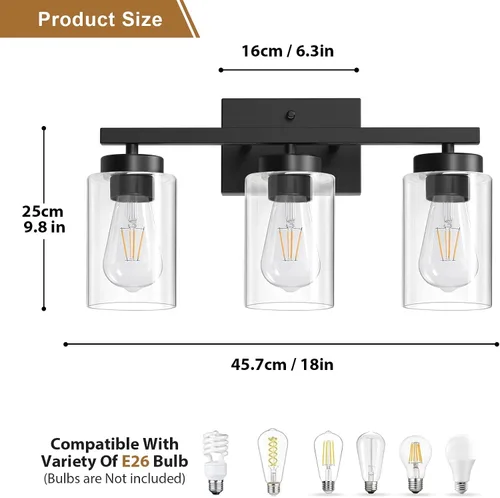 Miniatura 5 de IZORRO Moderna lámpara de baño, 3 luces negras claras, accesorios de iluminación de baño sobre espejo con vidrio transparente para sala de estar