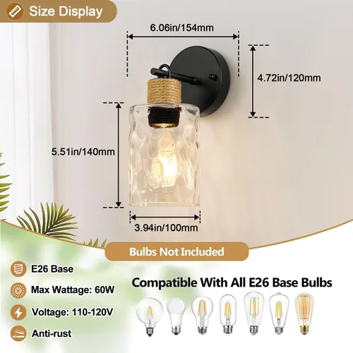 Miniatura 7 de MOKATNG Juego de 2 apliques de pared para baño, luces de tocador modernas costeras con pantalla de cristal, lámpara de pared negra para espejo