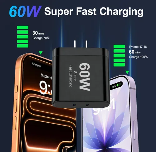 Miniatura 2 de Cargador para iPhone 17, 45 W de carga rápida USB C de doble puerto con cable de carga tipo C de 3/6/10/10 pies, adaptador rápido PD 3.0 para iPhone