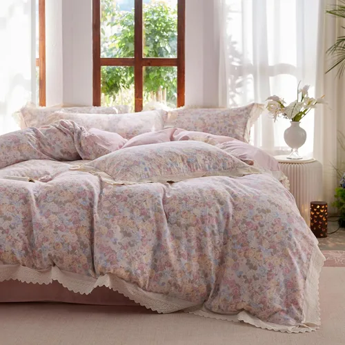 Miniatura 21 de Juego de funda de edredón blanca con estampado floral azul, juego de ropa de cama de algodón suave estilo bohemio, juego de ropa de cama estética