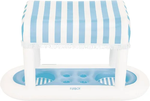FUNBOY Estación de bebidas flotante gigante con diseño de cabaña de rayas azul claro, con toldo de tela removible con flecos, perfecta para fiestas,