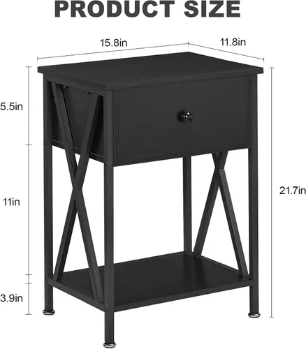 Miniatura 3 de VECELO Mesita de Noche Moderna, Mesa de Noche con Cajón y Estante de Almacenamiento para Sala de Estar y Dormitorio, Marco de Metal Industrial Negro