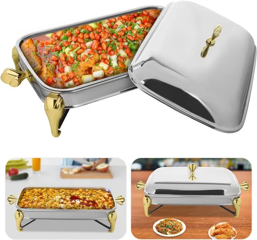 Miniatura 9 de Calentador de alimentos de acero inoxidable, juego de platos de bufé rectangular, estufa de buffet, juego de calentador de bufé para uso doméstico