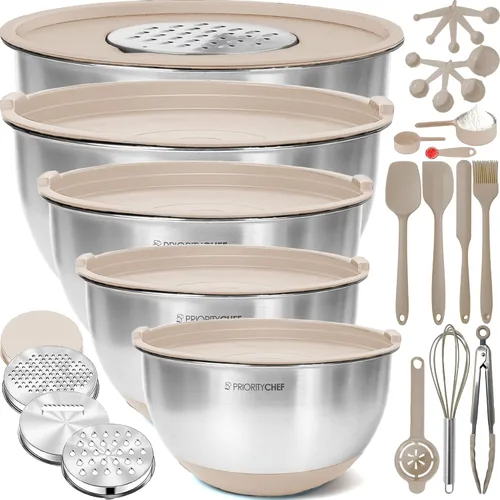 Miniatura 13 de Priority Chef Juego de Tazones para Mezclar de Acero Inoxidable con Tapas, Tazones de Metal Anidables con Tapas Herméticas, Ralladores, Base