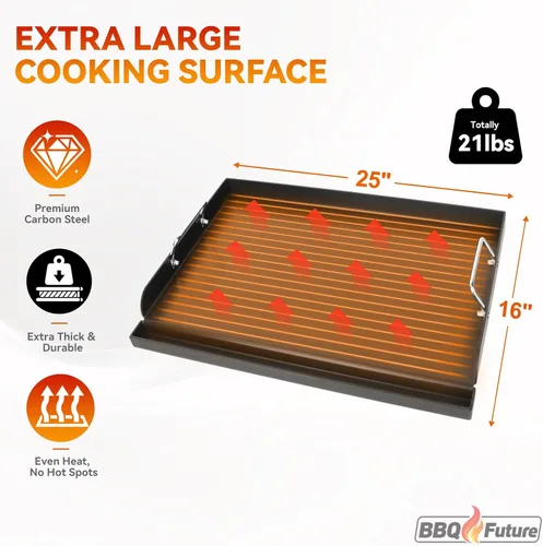 Miniatura 2 de MixRBBQ Plancha antiadherente de acero al carbono de 25 x 16 pulgadas para parrilla de gas, inserto de parrilla superior plana de alta resistencia