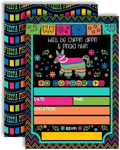Chippin', Dippin' & Pinata Hittin' Neon Fiesta Invitaciones para fiesta de cumpleaños, 20 tarjetas de relleno de 5 x 7 con veinte sobres blancos por