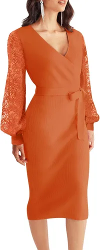 Miniatura 2 de MEROKEETY Vestido de suéter de manga larga con cuello en V para mujer, sexy, de punto envolvente, ajustado, con cinturón
