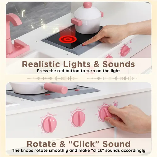 Miniatura 2 de SainSmart Jr. Cocina de Juguete para Niños, Juego de Cocina de Madera con Luces y Sonidos, Máquina de Hielo, Horno y Fregadero, Juguete de Cocina