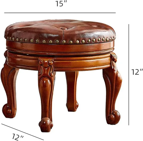 Miniatura 3 de Taburete de pie de madera maciza, reposapiés otomano redondo de mediados de siglo con cojín de cuero de microfibra para sala de estar, dormitorio