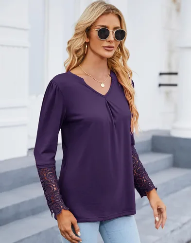 Miniatura 3 de BLITYA Blusas casuales con cuello en V para mujer, camisas de manga de encaje